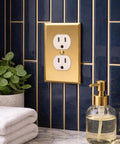 Brass Outlet Covers 5 Pack 1 Gang Real Brass Wall Plates For Duplex Receptacles Brushed Gold Finish in decorative bathroom setting