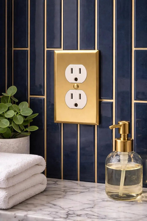 Brass Outlet Covers 5 Pack 1 Gang Real Brass Wall Plates For Duplex Receptacles Brushed Gold Finish in decorative bathroom setting