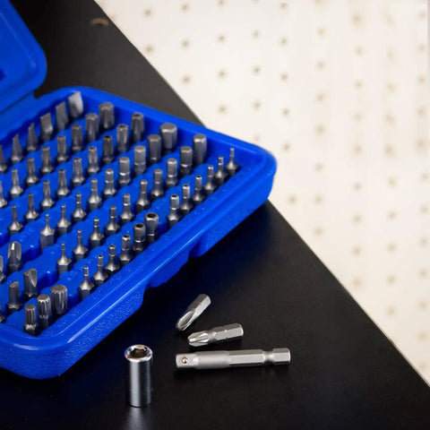 Open blue case of Security Bit Set 100 Piece Cr V Steel With One Quarter Inch Adapters includes various tamperproof bits