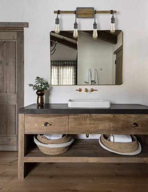 Farmhouse 4 Light Vanity Light Over Mirror For Bathroom With Wood Look Back Plate And Metal Accents Retro Vibe Bath Bar Fixture