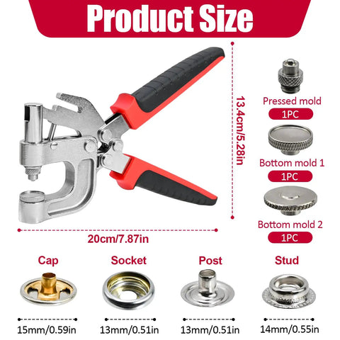 Heavy Duty Fastener Kit With 400 Pieces, 15 mm Canvas Snaps In 4 Colors, Built In Punch Tool dimensions shown with components