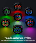 Seven multi-colored LED stage lights showing RGB effect with text '7 Colors Lighting Effects' on the image