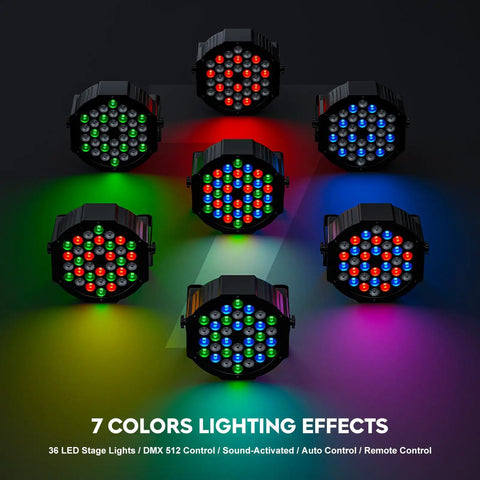 Seven multi-colored LED stage lights showing RGB effect with text '7 Colors Lighting Effects' on the image