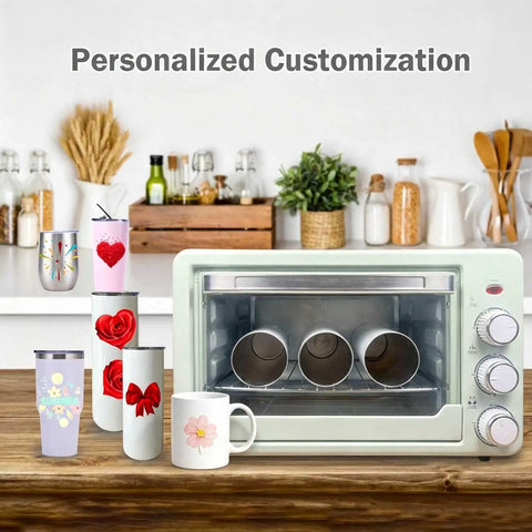 22 Liter Sublimation Oven For Crafting Mugs Tumblers Water Bottles With 110 Volt 1500 Watt Convection Heating on a wooden table with mugs and tumblers.