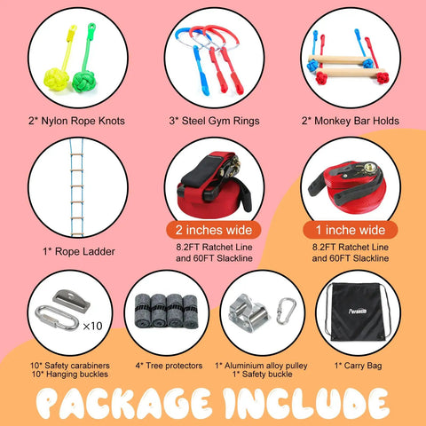 Package contents of 60ft Slackline Obstacle Course For Kids With 8 Accessories, Tree Protector And Carry Bag, Outdoor Adventure Kit