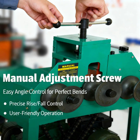 110V Electric Pipe Bender Machine For Round And Square Steel Tubing 2HP Metal Rolling Tool With 17 Dies, showing manual adjustment screw for precise control.
