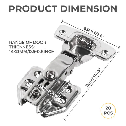 Soft Close Cabinet Door Hinges 20 Pack Concealed Stainless Steel Hinges for Frameless Cupboards, product dimensions shown