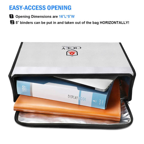 Heavy Duty Fireproof Document Bag For Home Use Insulated And Water Resistant Safe Box With Lockable Zipper Large Capacity Fireproof Safe Bag For Documents Cash And Valuables Heat Protected To 2000 Fahrenheit UL Rated open showing binders