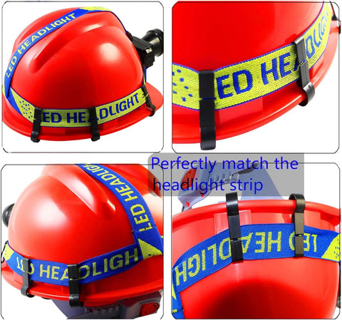 Heavy Duty Helmet Light Clips for Hard Hats and Safety Caps 50 Pack Narrow Edge Headlamp Mounts on red helmet