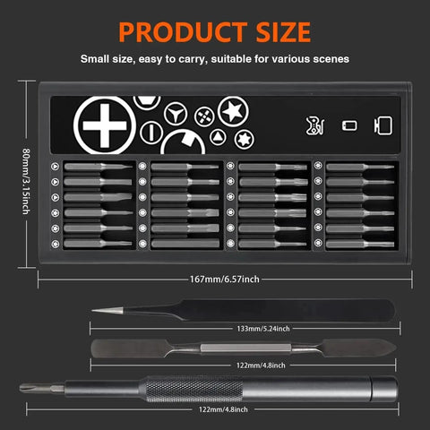 Product size layout of 50 In One Precision Screwdriver Set With Magnetic Bits And Case For Electronics Repair, Compact Mini Tool Kit