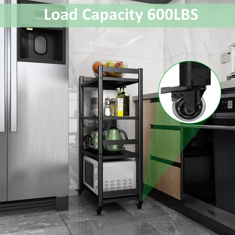 Kitchen shelf on 3 inch L shaped bracket swivel casters with brakes showing 600 lb loading capacity for furniture mobility