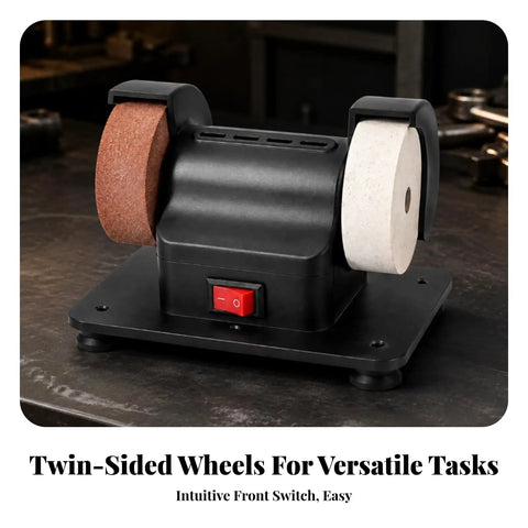 Rock Solid Mini Bench Grinder With Dual Sharpening Wheels Sturdy Benchtop Polishing Station For Garage Crews High Power Copper Motor with twin-sided wheels.