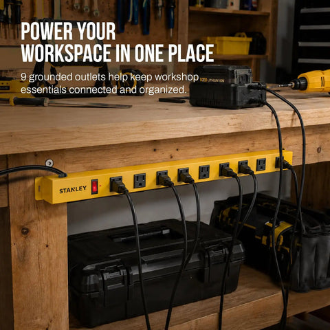 Indoor Surge Protector Power Strip With 9 Outlets 600 Joules Of Surge Protection 6 Ft Cord 14 AWG Type B Plug in workshop setup