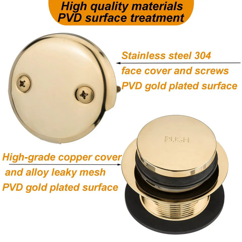 Straight Up Premium Bathtub Drain Kit With Golden Overflow Tube Assembly Touch Toe Stopper Corrosion Resistant Faceplate top view