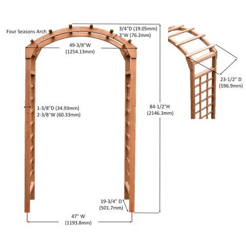 Diagram of Solid Fir Wood Garden Arch Trellis For Climbing Plants, 84.5In H x 49.37In W x 23.5In D, showing detailed measurements