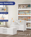 Big Ol 960 Quart Extra Large Stackable Storage Bins With Lid 4 Tier 240 Gallon Plastic Closet Organizer With Wheels And Clear Doors For Home Kitchen And Office White 4 Pack, displayed with easy assembly features, side latches, and rotating wheels.