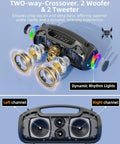 Internal view of 200W Peak Portable Bluetooth Speaker with dual woofers, tweeters, RGB lights, and labeled channels.