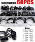 Premium 60 Count Stainless Steel Adjustable Worm Gear Hose Clamps In Matte Black Fit 6 To 38mm Pipes And Hoses For Heavy Duty Auto And Industrial Projects That Need Rock Solid Grip, 7 sizes tray