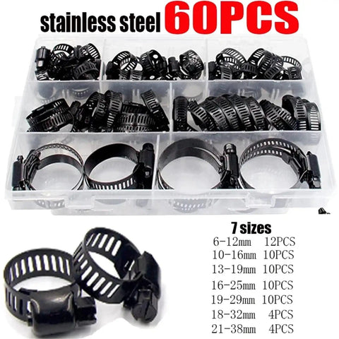 Premium 60 Count Stainless Steel Adjustable Worm Gear Hose Clamps In Matte Black Fit 6 To 38mm Pipes And Hoses For Heavy Duty Auto And Industrial Projects That Need Rock Solid Grip, 7 sizes tray