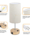 Set Of 2 Bedside Lamps With USB Ports And AC Outlet Touch Control 3 Way Dimmable Wooden Base Nightstand Lamps With Beige Fabric Shade For Bedroom And Living Room Bulbs Included showing design features