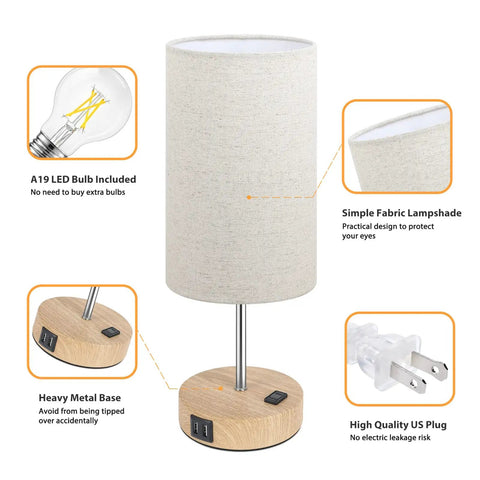 Set Of 2 Bedside Lamps With USB Ports And AC Outlet Touch Control 3 Way Dimmable Wooden Base Nightstand Lamps With Beige Fabric Shade For Bedroom And Living Room Bulbs Included showing design features