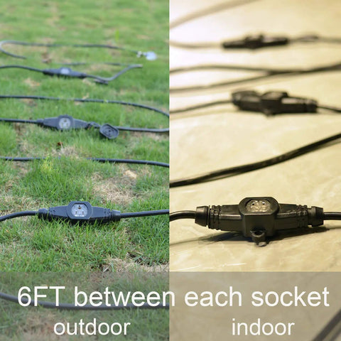 Outdoor and indoor view of 25ft Weatherproof Outdoor Extension Cord With Four Evenly Spaced Inline Outlets LED Indicator 16 Gauge 13 Amp 1625 Watts IP44 Waterproof Cap Heavy Duty Build For Landscape Lighting And Holiday Decor ETL Listed.