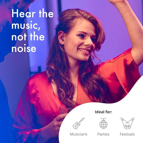 Woman wearing ClearTone High Fidelity Ear Plugs For Concerts And Noise Sensitivity 21dB Reduction in a party setting.