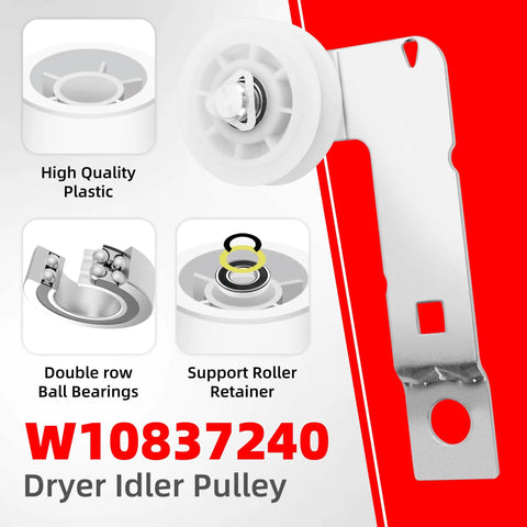 Close-up of W10837240 dryer idler pulley in All In One Dryer Repair Kit For Maytag Bravos XL And Whirlpool Duet with details.