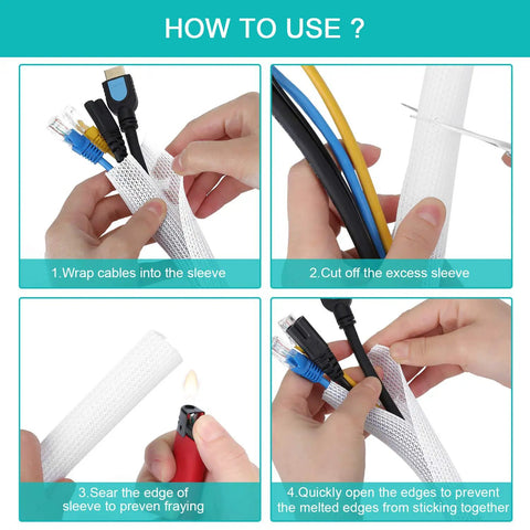 4-step guide using 20ft Braided Cable Sleeve 0.8 Inch Diameter For Desk PC TV And Home Office Self Wrap Wire Protector And Cable Organizer
