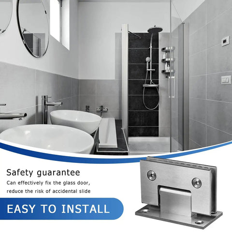 Heavy Duty Frameless Shower Door Hinges For Tempered Glass Doors Pro Grade Steel Pivot Pin with installation in a modern bathroom setting.