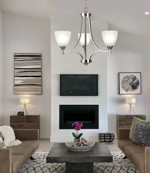 Three Light Dope Sleek Contemporary Chandelier In Brushed Nickel With White Glass Shades in stylish living room setting
