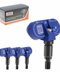 Top Shelf Four Piece Bluetooth TPMS Sensor Kit For Tesla Model 3 Y S X 2020 To 2025 in blue with packaging.