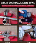 Beast Mode 8 Inch Bench Vise Boasting 360 Degree Swivel Base And 4 Inch Throat Depth Delivers Insane 11025 Lbs Of Clamping Power With Ductile Iron Build Plus Huge 8 Inch Jaw Opening Perfect For Grip Tough Jobs In Garage Or Workshop Like A Boss, showcasing pipe cutting, sawing, sanding, and forging.