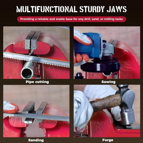 Beast Mode 8 Inch Bench Vise Boasting 360 Degree Swivel Base And 4 Inch Throat Depth Delivers Insane 11025 Lbs Of Clamping Power With Ductile Iron Build Plus Huge 8 Inch Jaw Opening Perfect For Grip Tough Jobs In Garage Or Workshop Like A Boss, showcasing pipe cutting, sawing, sanding, and forging.