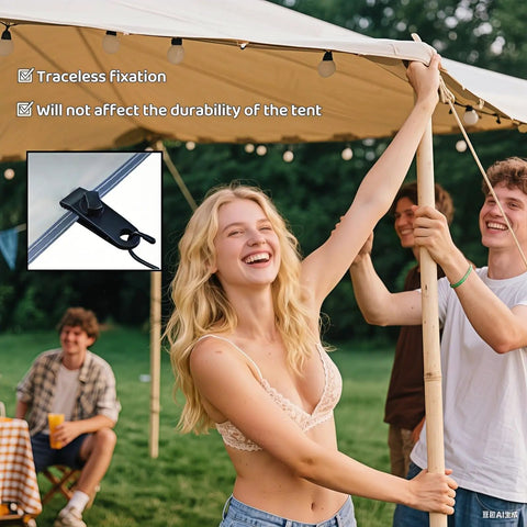 Group setting up tent using heavy duty windproof tent clips with anti slip teeth, highlighting outdoor gear accessory in use.