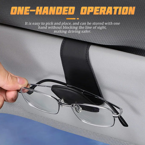 Premium Microfiber Leather Magnetic Sunglasses Holder For Car Sun Visor With Strong Grip and Sleek Black Finish secured with glasses.
