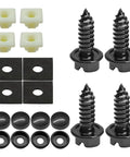Tough As Nails Stainless Steel License Plate Screw Kit With Heavy Duty Mounting Bolts For Cars Trucks And Suvs Rust Resistant Black Coating components including screws, rubber mounts, and caps.