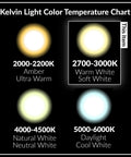 Kelvin light color temperature chart with MR16 5W LED Bulbs 12V Low Voltage GU5.3 Bipin 2700K warm white highlighted.
