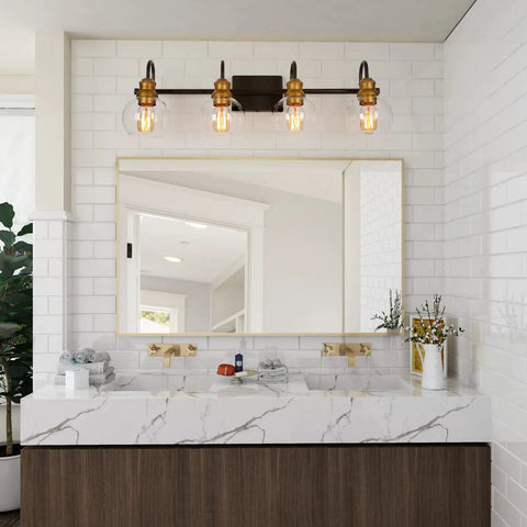 4 Light Modern Farmhouse Vanity Light Fixture In Black With Oil Rubbed Bronze Finish And Clear Globe Glass Shades above bathroom mirror