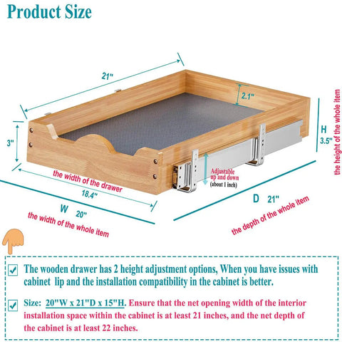 Pull Out Cabinet Organizer 1 Tier Sliding Shelf For Base Cabinets 20W By 21D with dimensions and installation details