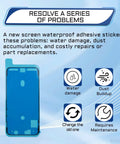 5 Pack Waterproof Adhesive Stickers Kit For iPhone 15 Pro Max 6.7 Inch Pre Cut Watertight Screen Frame Seal Tape For Internal Repair visible with icons highlighting features like water resistance and dust protection.