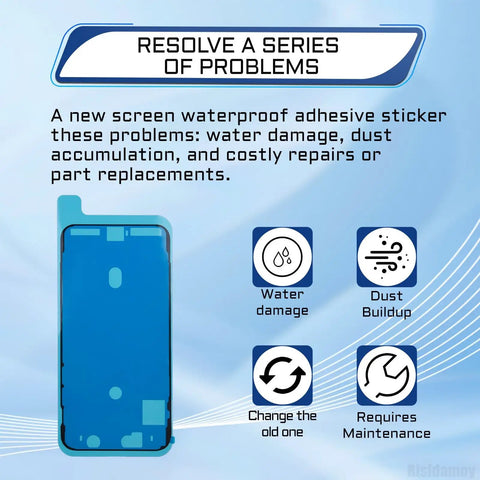 5 Pack Waterproof Adhesive Stickers Kit For iPhone 15 Pro Max 6.7 Inch Pre Cut Watertight Screen Frame Seal Tape For Internal Repair visible with icons highlighting features like water resistance and dust protection.