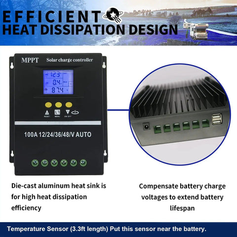 MPPT Solar Charge Controller 12V 24V 36V 48V With LCD Display featuring heat dissipation design and dual USB ports.