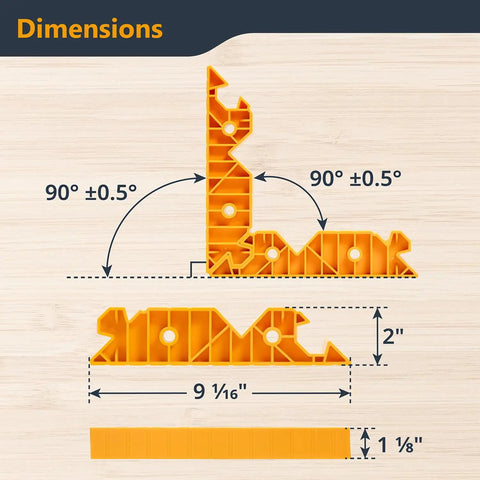 Dimensions of Dual Function Miter Clamp and Ninety Degree Positioning Block Set of Two, showing 90-degree angles and measurements