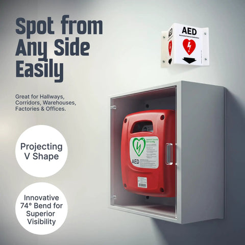 Two Sided Acrylic Aed Sign Built Hard As Nails To Help You Locate Life Saving Gear Fast With Heavy Duty Polished Wall Mount Display Featuring Bold Down Arrow Symbol Indoors Outdoors mounted in a sleek wall display.