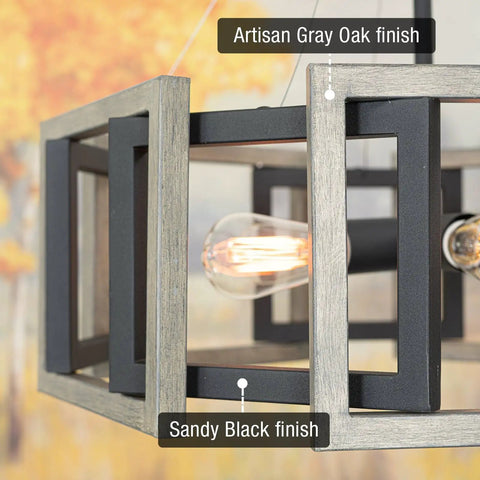 Close-up of rustic 24 inch 5 light farmhouse chandelier with adjustable hanging height in gray oak wood look and sandblasted black finish, open geometric frame, featuring bulb detail.