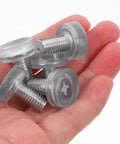 Adjustable Screw On Furniture Leveling Feet 20 Pack With Non Slip PVC Pads For Desk, Table, Chair And Cabinet Legs, Silver Finish, Smooth Surface, Balance Adjustment For Floor Protection And Noise Reduction in hand