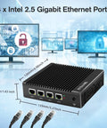 Intel J4105 Fanless Firewall Mini PC Router Featuring Four 2.5 Gigabit LAN Ports with a sleek design for efficient network setups.