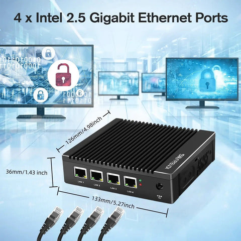 Intel J4105 Fanless Firewall Mini PC Router Featuring Four 2.5 Gigabit LAN Ports with a sleek design for efficient network setups.