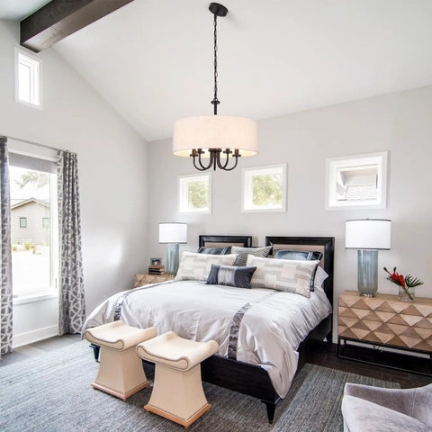 Gold 6 Light Modern Sputnik Chandelier Brushed Brass Semi Flush Mount in a modern bedroom setting.